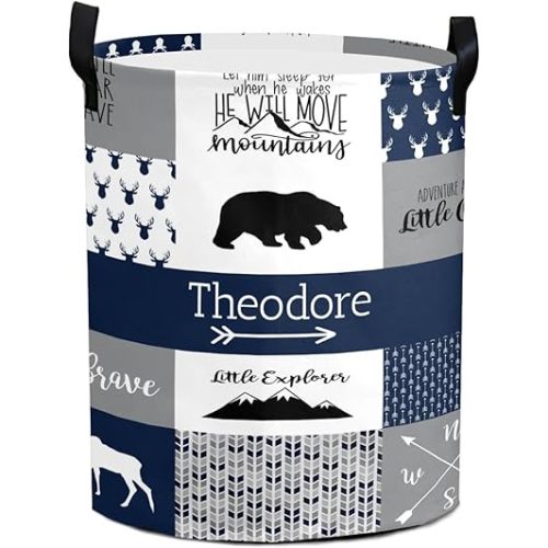 Large Custom Name Laundry Hamper, Woodland Bear Personalized Dirty Clothes Hamper Storage Basket with Name for Bathroom Bedrooms, Customized Name Circular Hamper with Handles for Baby Boys Girls