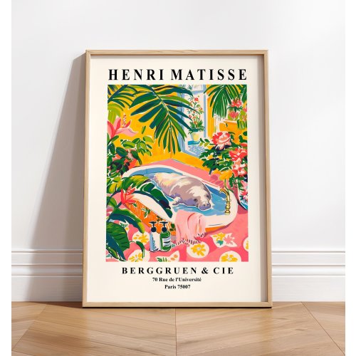Manatee in bathtub art print, Pink tropical bathroom decor, Matisse poster, Beach house decor
