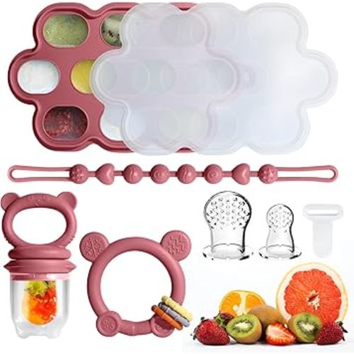 Baby Fruit Food Feeder & Breastmilk Popsicle Molds for Teething Relief, Baby Feeding Sets, 1 Freezer Tray with Lid & 1 Teether Toy & 1 Silicone Teething Pacifier Feeder, Extra Food Pouches (Red)