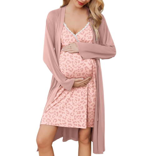 Ekouaer Maternity Nursing Gown and Robe Set Nursing 3 In 1 Labor Delivery Nightgowns for Hospital Breastfeeding Gowns Grey Flower Large
