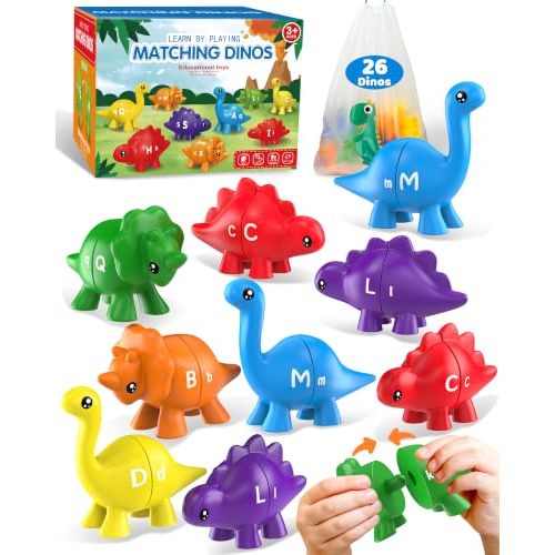 Walenty 26PCS Dinosaur Alphabet Learning Toys for Toddlers Kids 3-5 | Montessori Educational Toys Gifts for 3 4 5 Year Old Boy Girl, Preschool Travel Activities, Double Sided ABC Matching Game