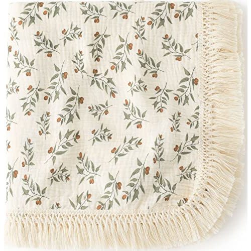 CHUNGEL Cotton Baby Muslin Tassles 40"x 47", Baby Receiving Blanket with Fringe, Boho Muslin Swaddle Blanket with Fringe-Green Plants…