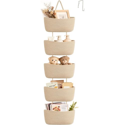 Dahey Over The Door Hanging Basket Storage 5-Tier Woven Wall Basket, Jute