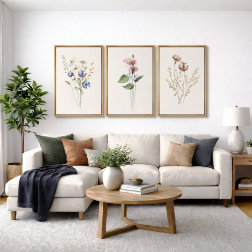 IDEA4WALL Minimal Botanical "Pastel Wild Flower Daisy Variety Artwork, Simple Neutral Floral Decor Wall Pictures, Framed Canvas Giclée Print 3 Pieces Wall Art" 16"x24"x3 pcs, 24"x36"x3 pcs & Reviews | Wayfair