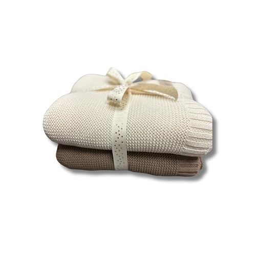 Mini Yoo Knitted Cotton Baby Blankets - for Extreme Comfort, Breathable Warmth, and Gentle Care for Newborns and Infants (2 Pack - Creme & Coffee)