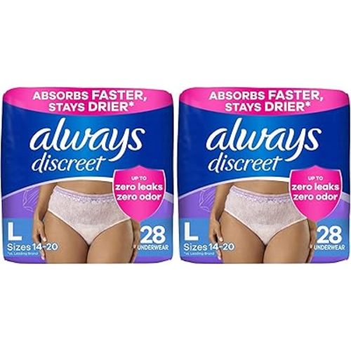 Always Discreet Adult Incontinence Underwear for Women and Postpartum Underwear, Large, Up to 100% Bladder Leak Protection, 28 Count (Pack of 2)