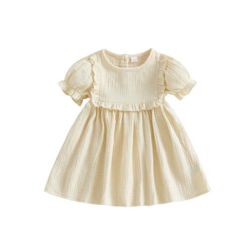 BemeyourBBs Kids Toddler Baby Girl Summer Cotton Linen Dress Clothes Puff Short Sleeve Ruffle Crew Neck Solid A-line Dress