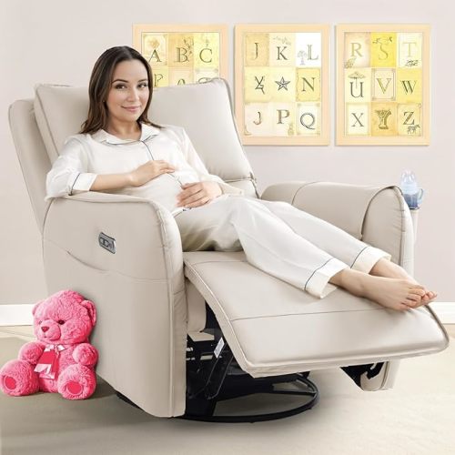 Power Recliner Gliders for Nursery, Electric Swivel Rocker Recliner Chair, Comfy Upholstered Living Room Reclining Rocking Chairs with Lumbar Support (Cream, 41" X 40" X 36")