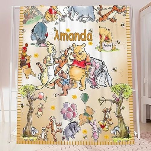 Personalized Pooh Bear Blanket, Custom Baby Throw with Name, Pooh Bear and Friends, Soft & Warm Throw Birthday Gift for Kids Toddler Baby Shower Crib Blanket Nursery Theme Gift Boys & Girls Newborn 7