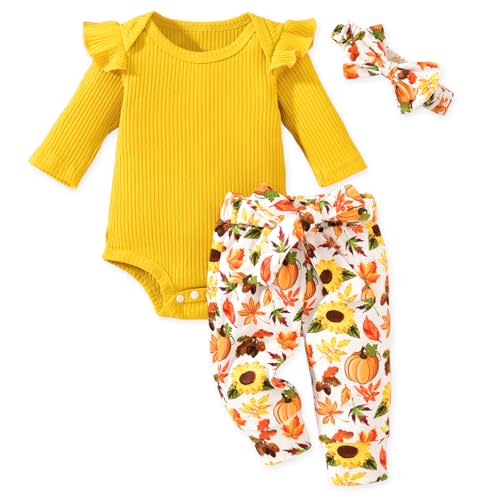 Aalizzwell Preemie Newborn Infant Baby Girls Clothes Ribbed Romper Bodysuit Pants Set Fall Winter Outfits