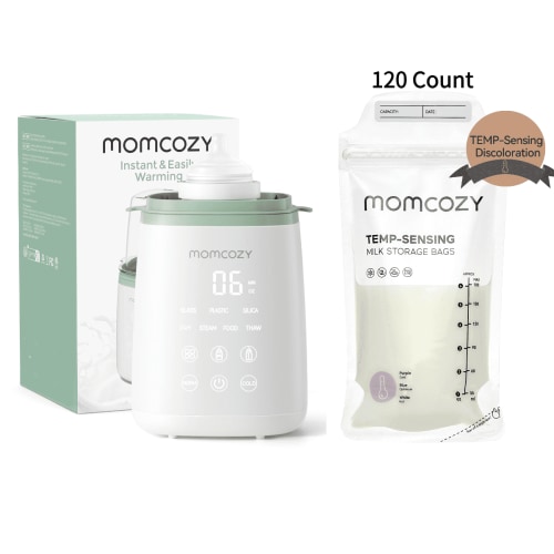 Momcozy Baby Bottle Warmer, 6-in-1 Smart Temperature Control, Fast Baby Food Heater, Steam Sterilizer & Momcozy Breastmilk Storage Bags, Temp-Sensing Discoloration Milk Storage Bags, 180ml/120 Count