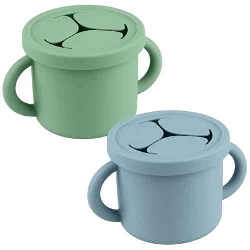Snack Containers for Toddlers, Kids - 2 Pack Food Grade Silicone Snack Cups with Grip Handle (Ether/Tender Steam)