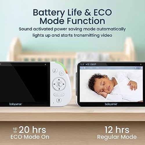 Babysense 5.5” 1080p Full HD Split Screen Baby Monitor, Video Baby Monitor with Camera and Audio, PTZ Camera, RGB Night Light, 1000ft Range, Two-Way Audio, 4X Zoom, 5000mAh Battery