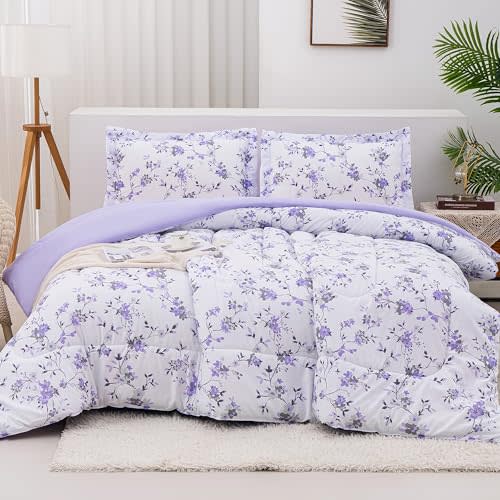Mooreeke Floral Twin Size Comforter Sets, Lightweight Purple Lavender Botanical Printed Bedding for All Seasons, 2-Piece Vintage Bed in a Bag with Fluffy Quilted Reversible Comforter & Pillow Sham