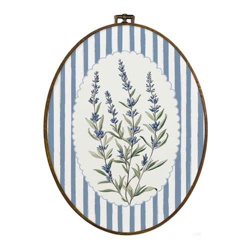 dvhdajed Vintage Blue Lavender Floral Oval Wall Art Decor, Botanical Flower Framed Canvas Art, Rustic Cottagecore Blue Striped Oval Wall Hanging Decor for Home Bedroom, 8.7x11.3 Inch