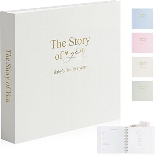 Timeless First 5 Years Keepsake Baby Memory Book for Boy or Girl, Luxury Linen Cover Acid Free Pages, Neutral Baby Journal Milestone Book or Scrapbook, Record the Story of You from Birth to Age 5