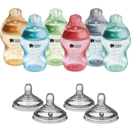 Tommee Tippee Natural Start Bottle and Nipple Bundle, 6 Fiesta Color, Anti-Colic 9 oz BPA Free Baby Bottles, 0+ Months, Slow Flow Breast-Like Nipple, Baby Bottle Nipples, Extra Slow Flow, 10 Pieces
