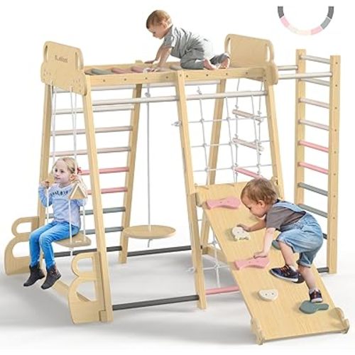 Upgraded Indoor Playground 9-in-1 Jungle Gym Kids Climbing Toys, Montessori Philosophy Waldorf Style Wooden Climber Playset with Slide, Swing, Monkey Bars, Upright/Rope Ladder, Climb Rocks/Net, Pink