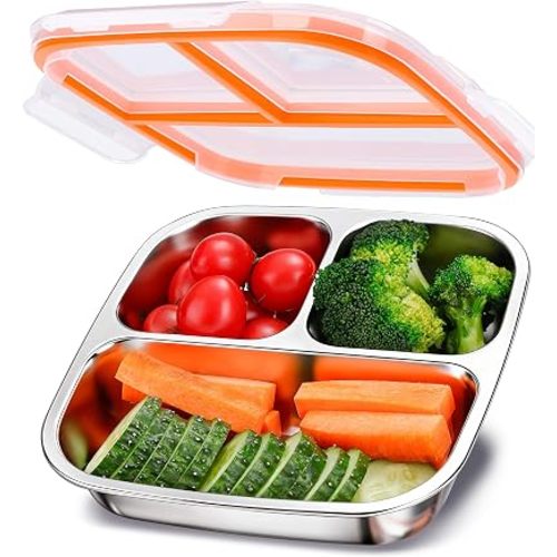 KTKUDY Stainless Steel Bento Box for Kids & Adults – 3 Compartment Snack & Lunch Container, Stackable & Ideal for Meal Prep, Daycare, School, Office, Travel