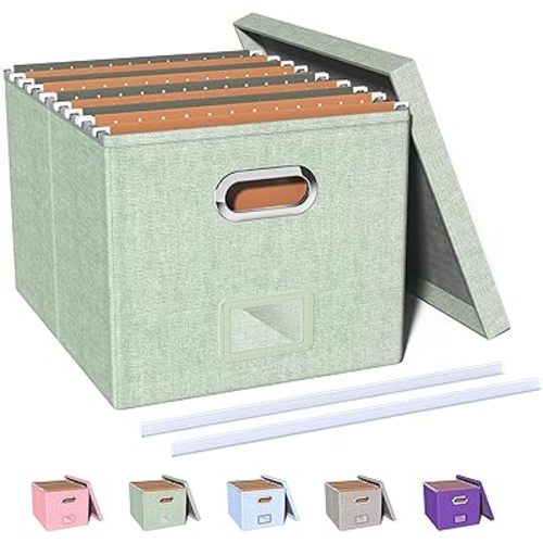 Oterri File Storage Organizer Box, Portable with Lid, Fit for Letter/Legal File Folder Storage, Easy Slide Durable Hanging for Office/Decor/Home, 1 Pack, Green-Box only