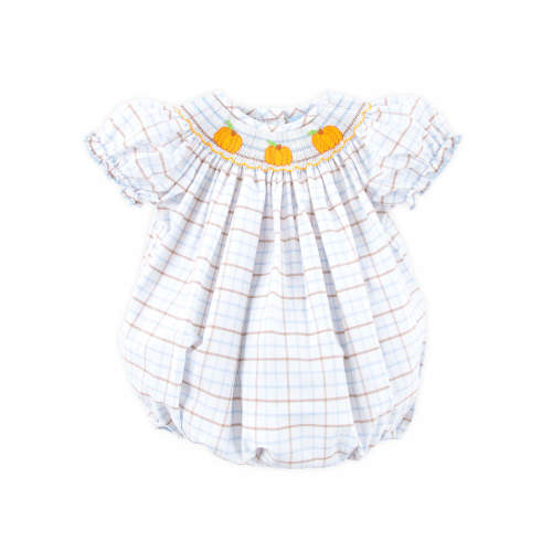 Pumpkin Smocked Blue & Tan Plaid Bishop Bubble