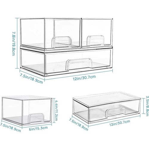 Vtopmart Stackable Storage Drawers Set of 3, 12" Wide and 4.4'' Tall Clear Plastic Organizer Bins for Makeup, Cosmetics, Beauty Supplies,Ideal for Vanity, Bathroom,Cabinet,Pantry Organization