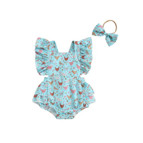 Suealasg Baby Girl Summer Farm Outfits Newborn Fly Sleeve Chicken Print Romper Jumpsuit and Headband