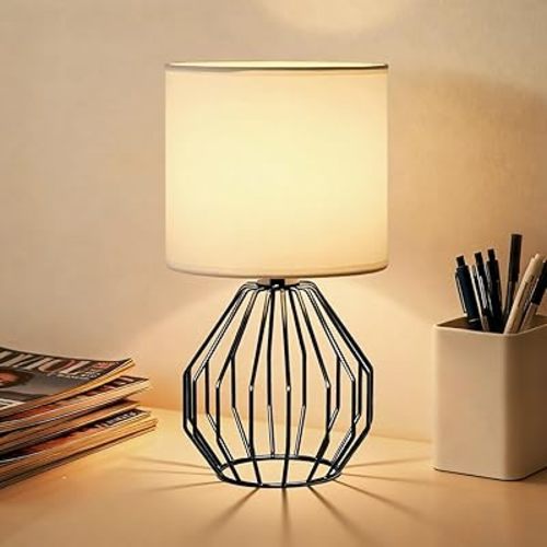 Small Black Table Lamp, Modern Minimalist Desk Lamp with Metal Base White Fabric Shade, Bedside Nightsand Table Lamp for Bedroom, Living Room, Kis Room
