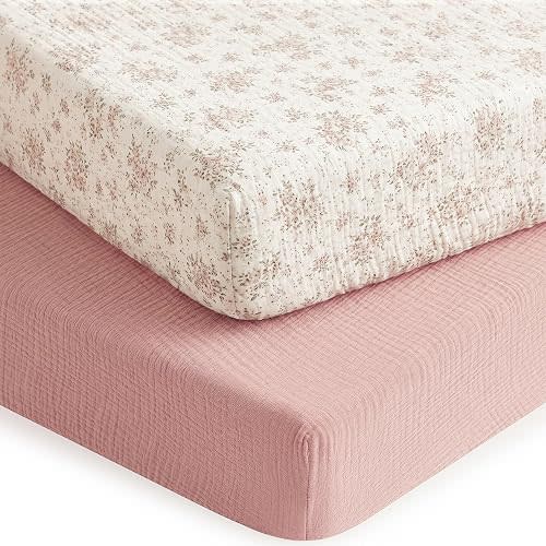 2 Pack Muslin Crib Sheets for Girl - Neutral Fitted Baby Crib Sheets for Standard Toddler Crib Mattress - 52” x 28” Soft Breathable Cotton Baby Bed Sheets - Dusty Pink & Floral