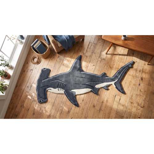 Hammerhead Shark Tufted Rug, Handmade Animal Rug, Ocean Theme Carpet, Kids Room Decor, Unique Shaped Rug, Grey Shark Floor Rug