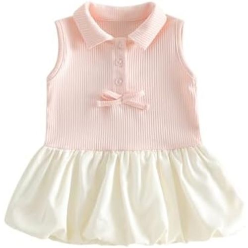 Toddler Girls Summer A-line Dress Sleeveless Lapel Contrast Color Button Front Bud Hem Dress Little Girl Sundress