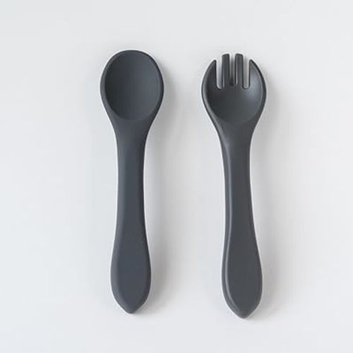 Babeehive Goods Spoon and Fork | Safety, Ergonomics, and Practicality | Perfectly Sized For Tiny Hands | Food-Grade Materials, BPA-Free | Versatile, Suitable, and Convenient (Charcoal)