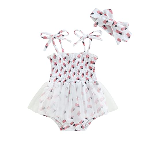 FYBITBO 4th of July Baby Girl Outfits American Flag Sleeveless Strap Romper Dress Tulle Bodysuit Infant Summer Clothes Set