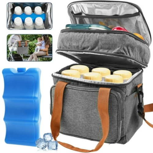 Grusce Breastmilk Cooler Bag with Ice Pack, Waterproof Insulated Baby Bottle Tote with Shoulder Strap, Double Layer Baby Bottle Tote Portable for Outside Picnic