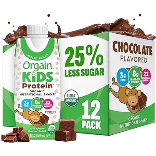 Orgain Organic Kids Nutritional Dairy Protein Shakes, Chocolate, Healthy Kids Snacks, 8g Grass-Fed Protein, 3g Fiber, 22 Vitamins & Minerals, No Soy Ingredients, Non-GMO, 8.25 Fl Oz, Pack of 12