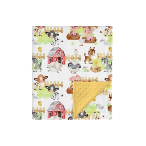 HawSkgFub Farm Animals Barn Mink Baby Blanket Dotted Backing Boy Girl Gift, Yellow Cow Chicken Pig Sheep Double Layer Nursery Bed Blankets, Soft Plush Newborn Infant Toddler Kids Crib Bedding 30 x 40