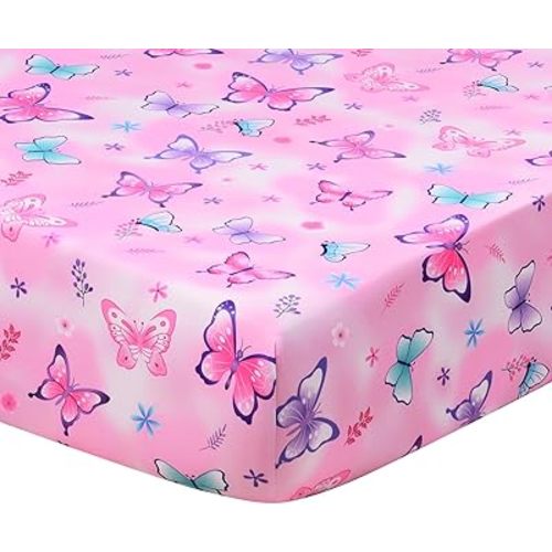 JISEN Baby Crib Sheets Soft Breathable Butterfly Fitted Crib Sheets for Standard Crib and Toddler Mattress Baby Bed Sheets for Boys Girls Neutral 52x28 Inch Pink