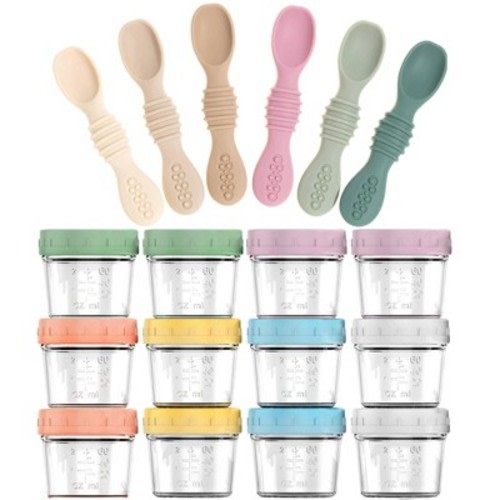 12-Pack Glass Baby Food Storage Jars with Lids, 6-Pack Silicone Baby Self-Feeding Spoons – BPA-Free, Leakproof, Freezer Safe Jars, Tan
