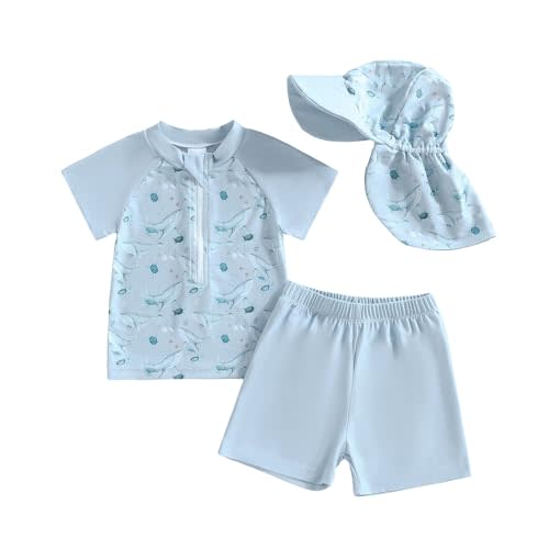 DuAnyozu Baby Boys Swimsuit Long Sleeve Rash Guard Swimwear Baby Boy Swim Trunk with Hat Set 3-Piece Toddler Bathing Suit