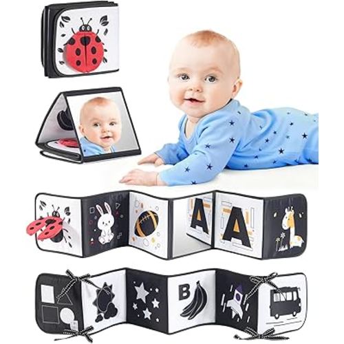 High Contrast Black and White Baby Toys for Newborn 0-6 Months – Contrast Cards & Sensory Baby Book with Mirror – Tummy Time Infant Toys for Visual Stimulation, Early Learning & Brain Development