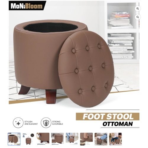 MoNiBloom Storage Ottoman with Padded Seat, Modern PU Leather Footrest, Round Seat Stool, Brown