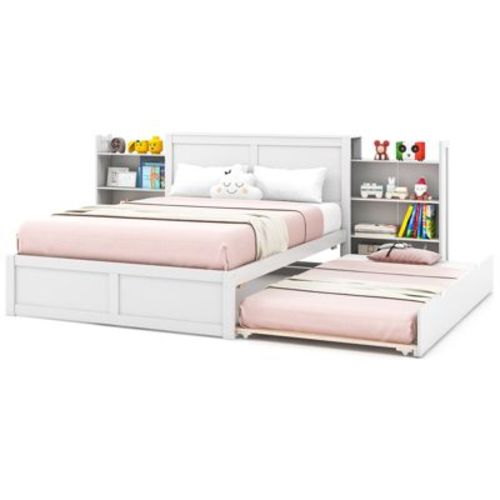 Costway Full Wooden Platform Bed with Trundle Storage Headboard Pull Out Shelves White