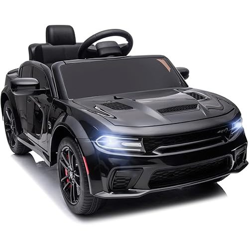 Electric Car for Kids,Licensed Dodge Charger SRT Hellcat Ride on Car,3.1mph Max Speed,12V 7A Kids Electric Vehicle with Remote Control,Music,LED Light,Bluetooth (Black)