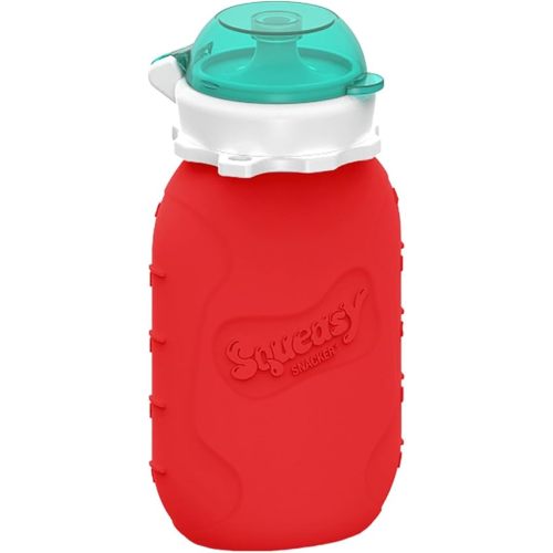 Red 6 oz Squeasy Snacker Spill Proof Silicone Reusable Food Pouch - for Both Soft Foods and Liquids - Water, Apple Sauce, Yogurt, Smoothies, Baby Food - Dishwasher Safe