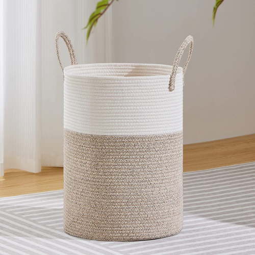 Large Laundry Hamper, Tall Woven Rope Storage Basket for Blanket, Toys, Dirty Clothes in Living Room, Bathroom, Bedroom - 58L White & Brown
