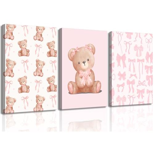 3Pcs Pink Teddy Bear Canvas Wall Art Coquette Bow Wall Decor Pictures Cute Animal Nursery Posters Prints for Baby Girls Room Bedroom Home Decorations