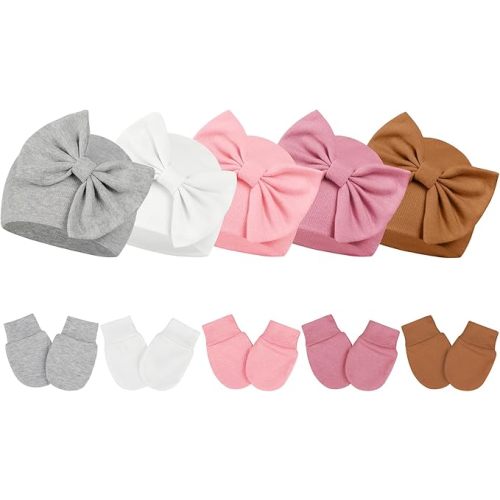 Century Star 5-Pack Newborn Baby Girl Cotton Hats & Mittens Set - Soft Hospital Beanies with Big Bows 0-6 Months