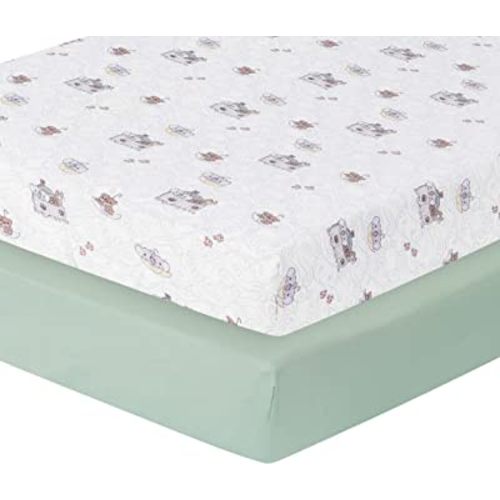 Precious Moments Noah’s Ark Fitted Crib Sheet 2 Pack for Baby Boy by Everyday Kids; 1 Animals on the Ark Printed Crib Sheet and 1 Solid Bright Green; Adorable Wildlife Elephants, Giraffes, Bears Print