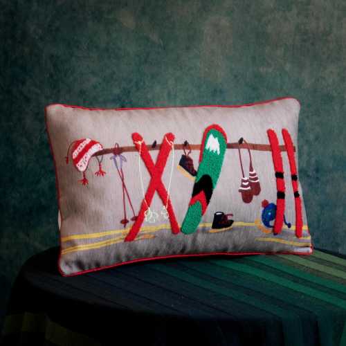 Winter Ski Gear Pillow Cover 12x20 Inch | Appliqué Ski Equipment Cushion | Snow Ski Poles Skis Boots DecorWinter Lodge Sofa Pillow