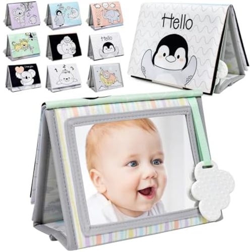 Tummy Time Floor Mirror, High Contrast Baby Mirror with Soft Book
